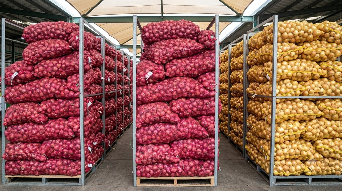 Red and yellow onion bags stacked on racks in a warehouse